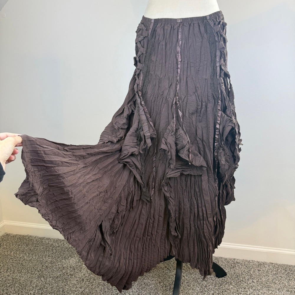 NWT Surrealist Brown Fairy Crinkle Ruffle Maxi Skirt Lace Up Ribbon Boho Whimsy